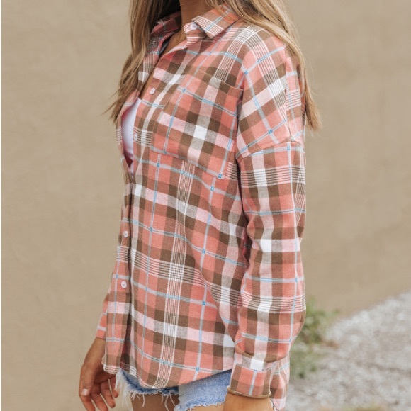 RESTOCKED Lightweight Spring Plaid Top, button down, pink/brown color pattern - Picture 3 of 15